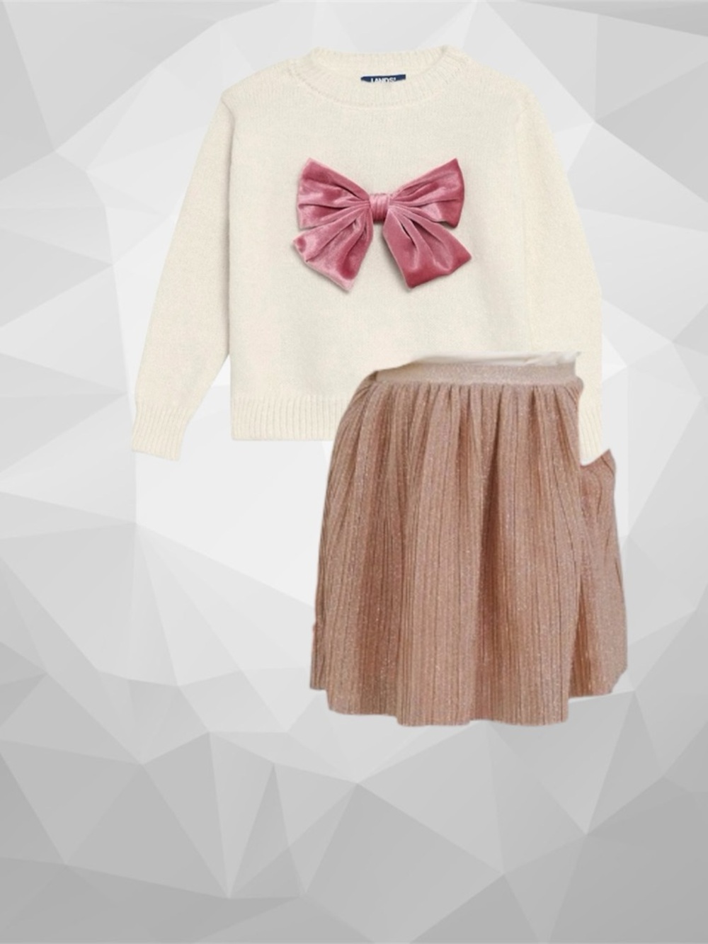 Lands' End Cream Sweater with Pink Bow & Rose Gold Skirt - Girls Matching Set